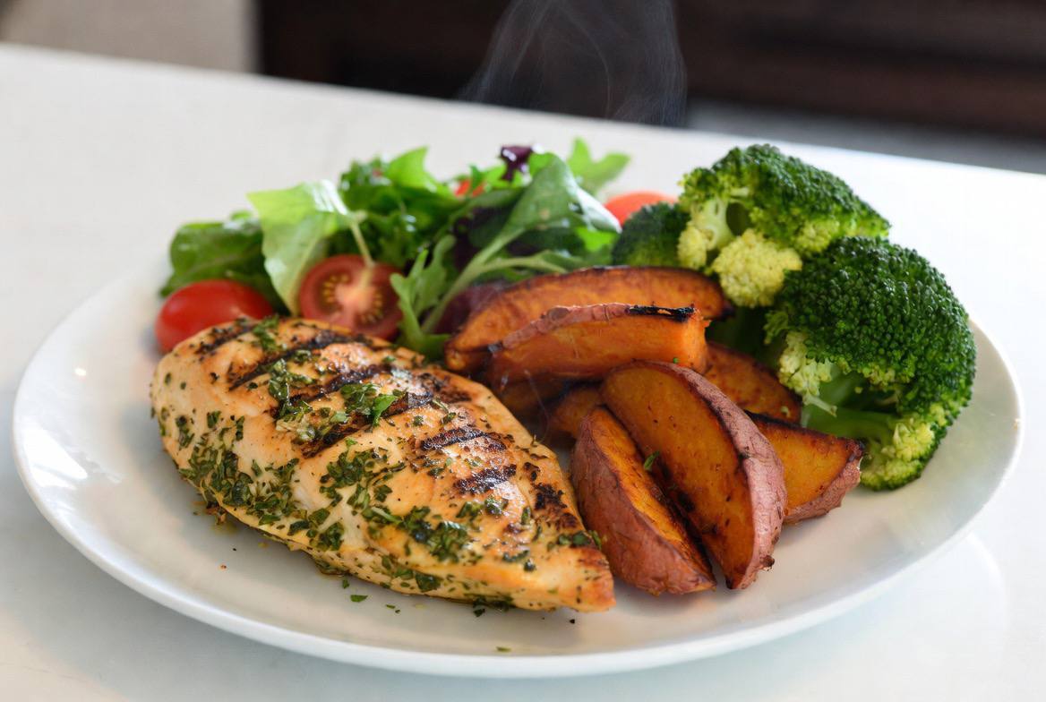 Herb chicken with sweet potato and broccoli