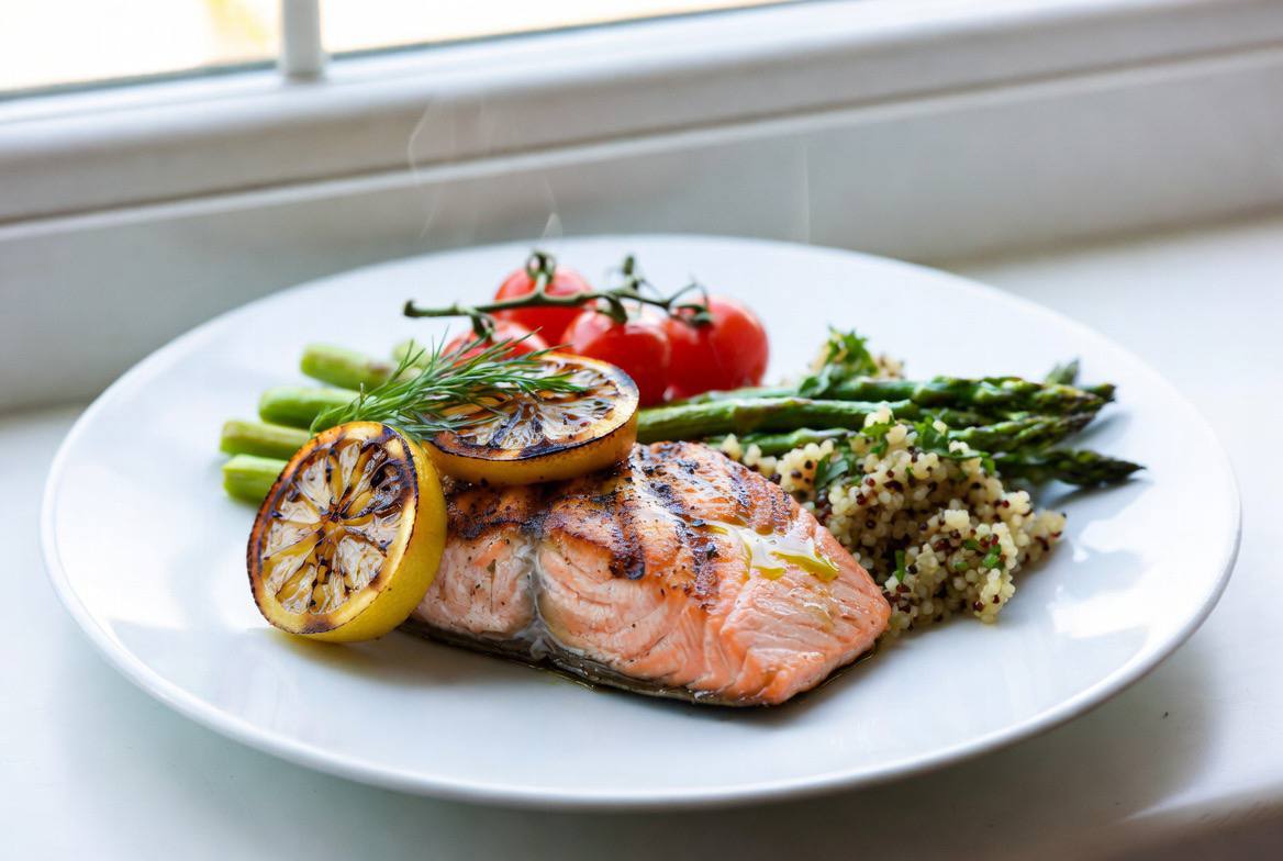 Grilled salmon with asparagus and tomatoes